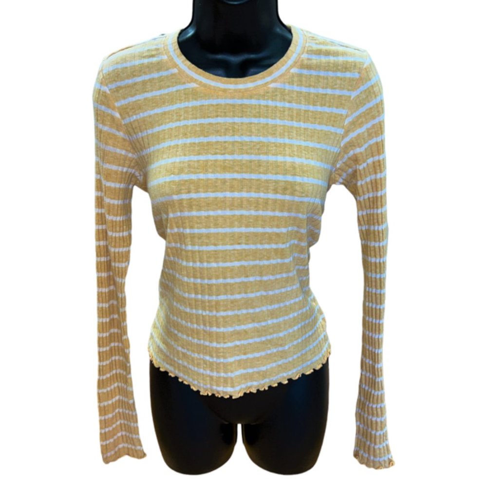 American Eagle Gold and White Lettuce Edge Crew Neck Ribbed Stripe Blouse Sz M